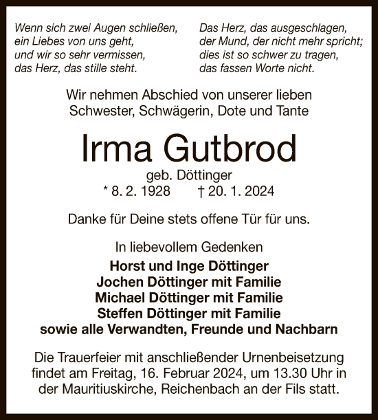 Anzeige von Irma Gutbrod von Reutlinger General-Anzeiger
