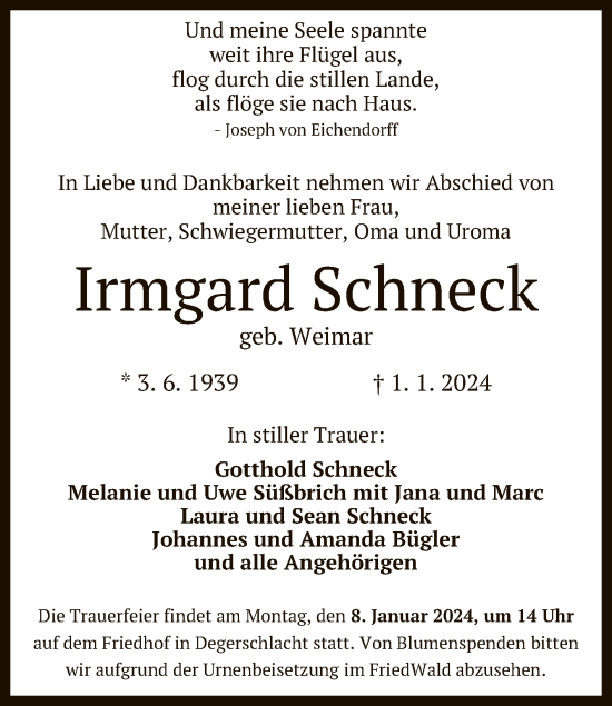 Anzeige von Irmgard Schneck von Reutlinger General-Anzeiger