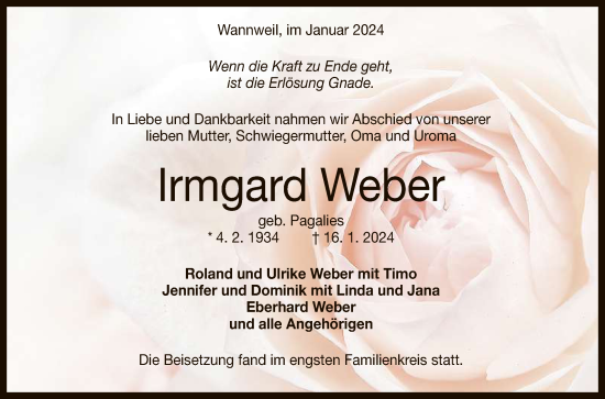 Anzeige von Irmgard Weber von Reutlinger General-Anzeiger