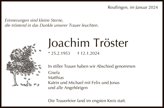 Anzeige von Joachim Tröster von Reutlinger General-Anzeiger