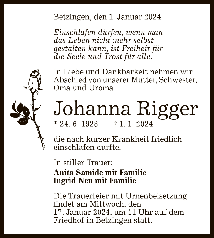 Traueranzeige für Johanna Rigger vom 13.01.2024 aus Reutlinger General-Anzeiger