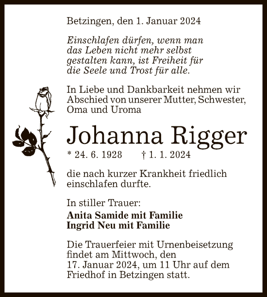 Anzeige von Johanna Rigger von Reutlinger General-Anzeiger