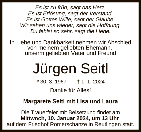Anzeige von Jürgen Seitl von Reutlinger General-Anzeiger