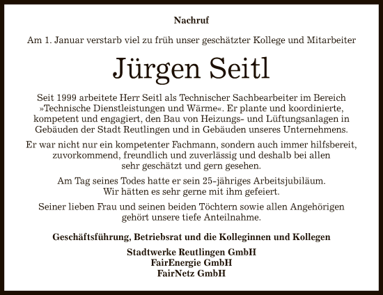 Anzeige von Jürgen Seitl von Reutlinger General-Anzeiger