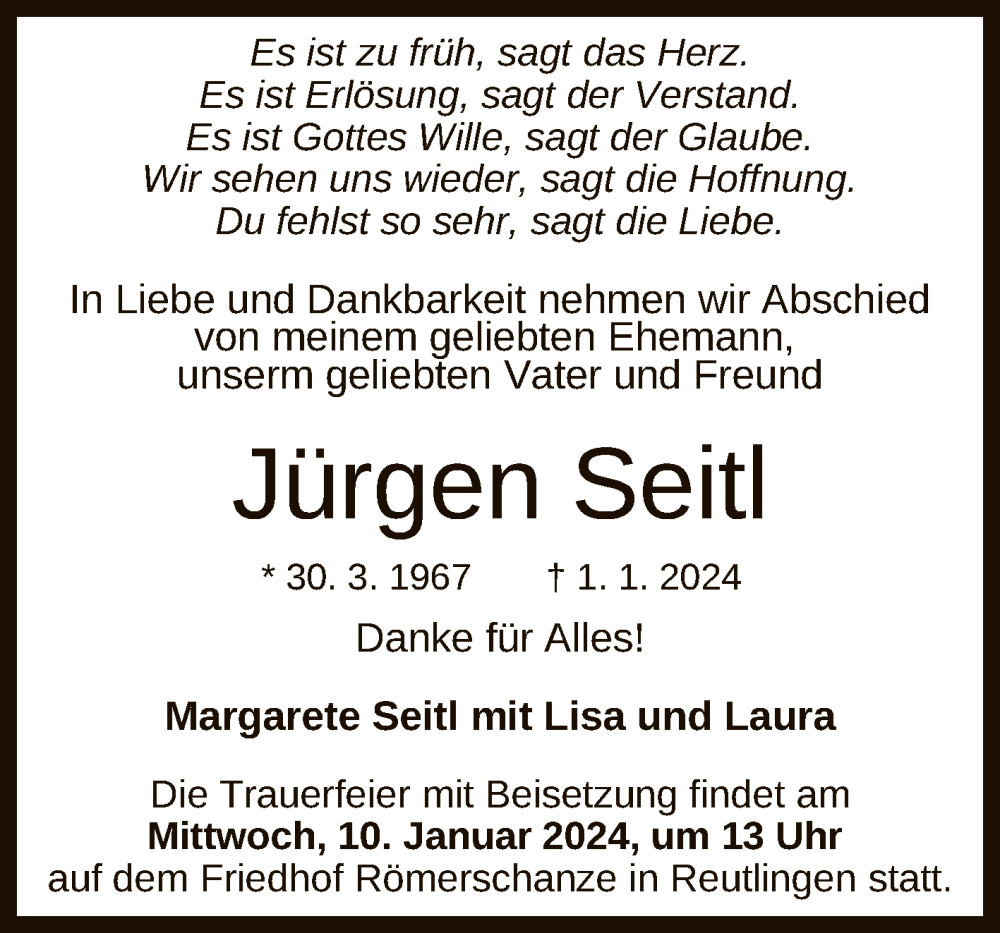  Traueranzeige für Jürgen Seitl vom 05.01.2024 aus Reutlinger General-Anzeiger