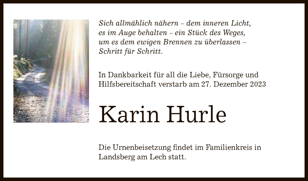  Traueranzeige für Karin Hurle vom 05.01.2024 aus Reutlinger General-Anzeiger