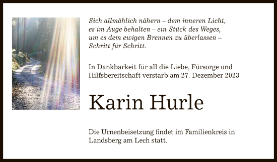 Anzeige von Karin Hurle von Reutlinger General-Anzeiger