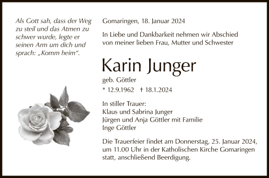 Anzeige von Karin Junger von Reutlinger General-Anzeiger
