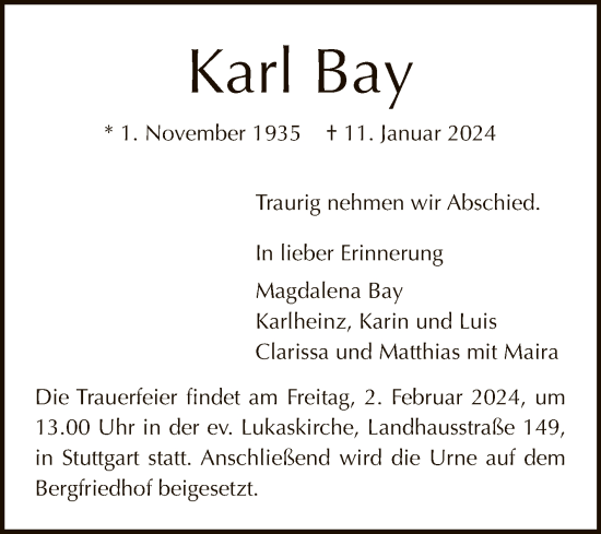 Anzeige von Karl Bay von Reutlinger General-Anzeiger