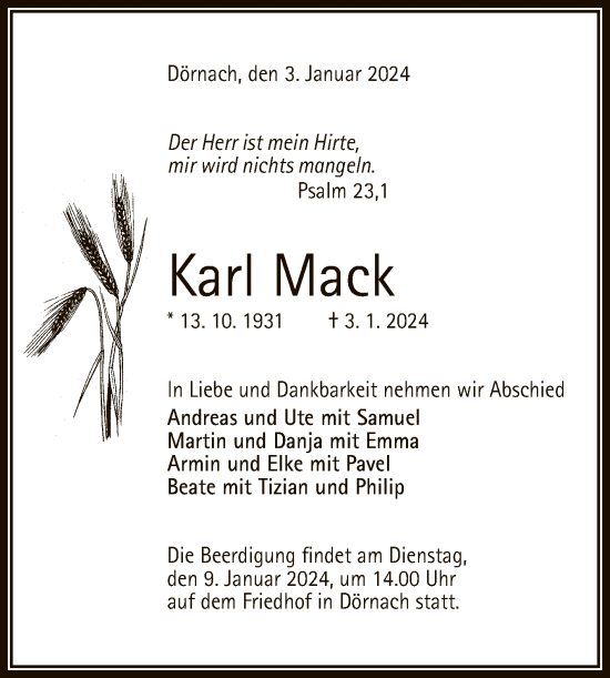 Anzeige von Karl Mack von Reutlinger General-Anzeiger