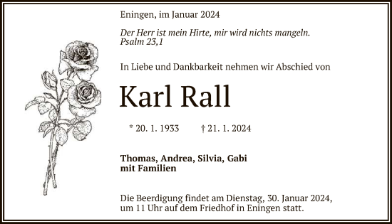Anzeige von Karl Rall von Reutlinger General-Anzeiger