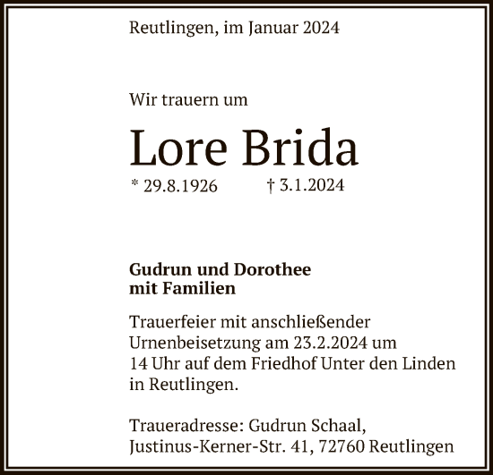 Anzeige von Lore Brida von Reutlinger General-Anzeiger