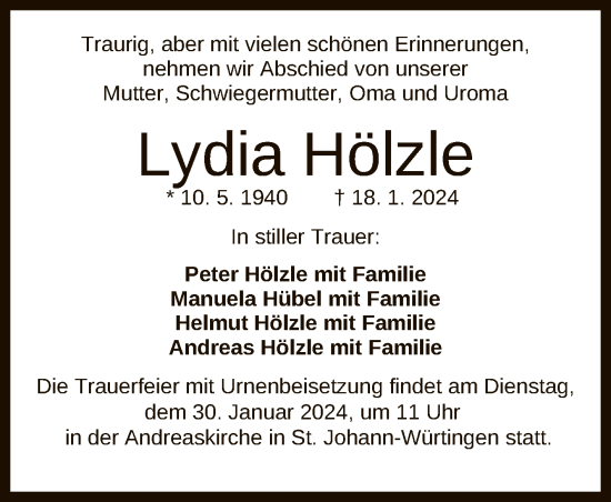 Anzeige von Lydia Hölzle von Reutlinger General-Anzeiger