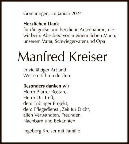 Anzeige von Manfred Kreiser von Reutlinger General-Anzeiger