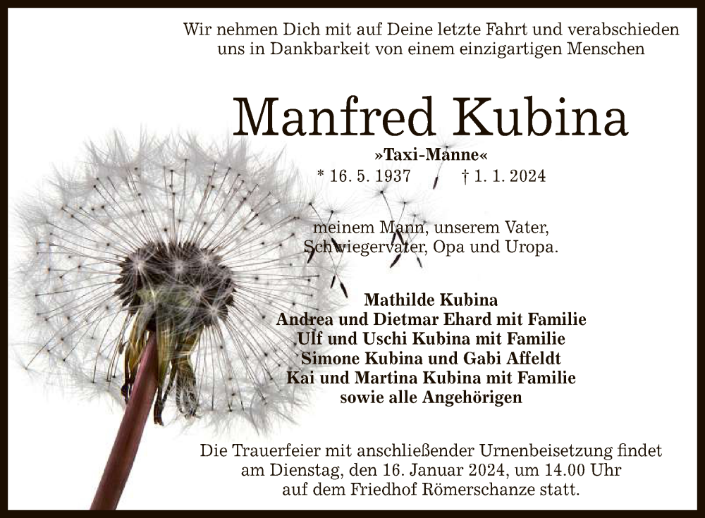  Traueranzeige für Manfred Kubina vom 09.01.2024 aus Reutlinger General-Anzeiger