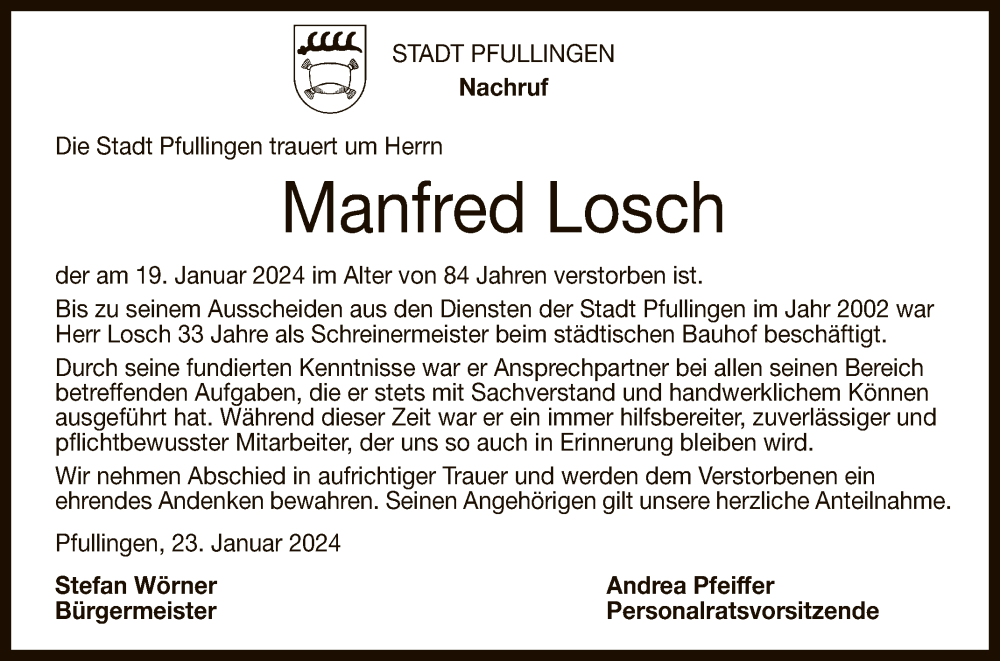  Traueranzeige für Manfred Losch vom 23.01.2024 aus Reutlinger General-Anzeiger
