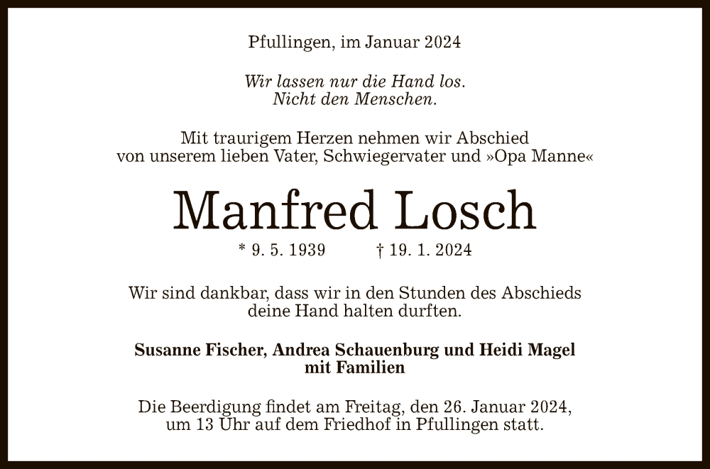  Traueranzeige für Manfred Losch vom 23.01.2024 aus Reutlinger General-Anzeiger