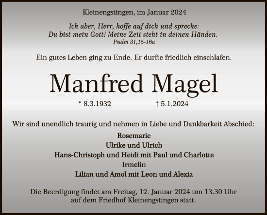 Anzeige von Manfred Magel von Reutlinger General-Anzeiger