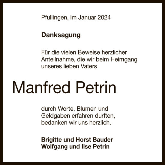 Anzeige von Manfred Petrin von Reutlinger General-Anzeiger