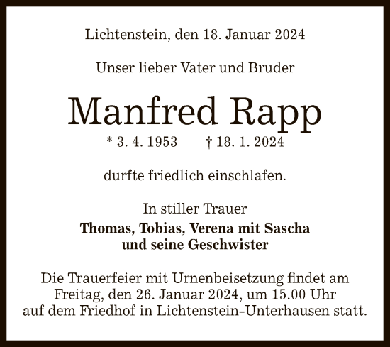Anzeige von Manfred Rapp von Reutlinger General-Anzeiger