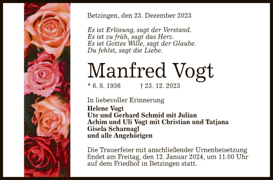 Anzeige von Manfred Vogt von Reutlinger General-Anzeiger