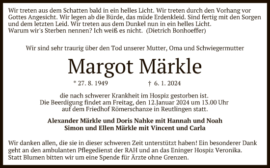 Anzeige von Margot Märkle von Reutlinger General-Anzeiger