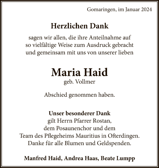 Anzeige von Maria Haid von Reutlinger General-Anzeiger