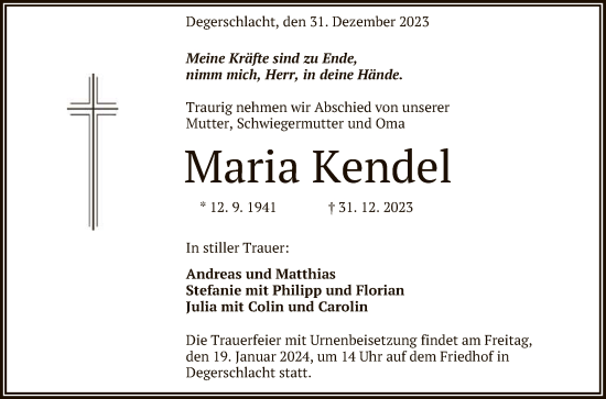 Anzeige von Maria Kendel von Reutlinger General-Anzeiger
