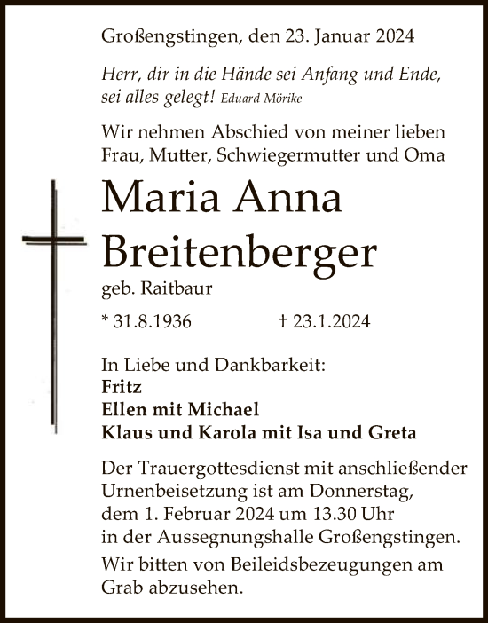Anzeige von Maria Anna Breitenberger von Reutlinger General-Anzeiger