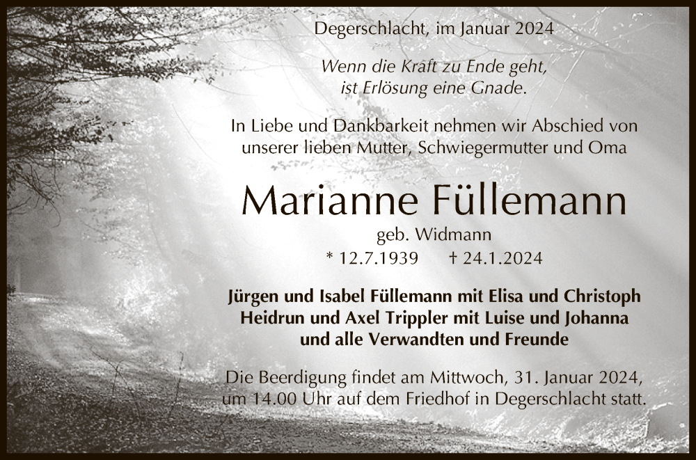  Traueranzeige für Marianne Füllemann vom 27.01.2024 aus Reutlinger General-Anzeiger