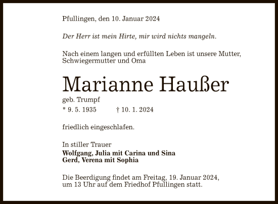 Anzeige von Marianne Haußer von Reutlinger General-Anzeiger