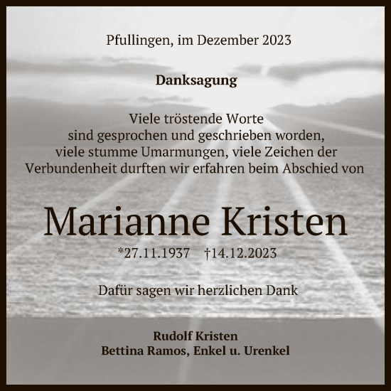 Anzeige von Marianne Kristen von Reutlinger General-Anzeiger