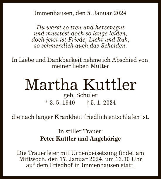 Anzeige von Martha Kuttler von Reutlinger General-Anzeiger