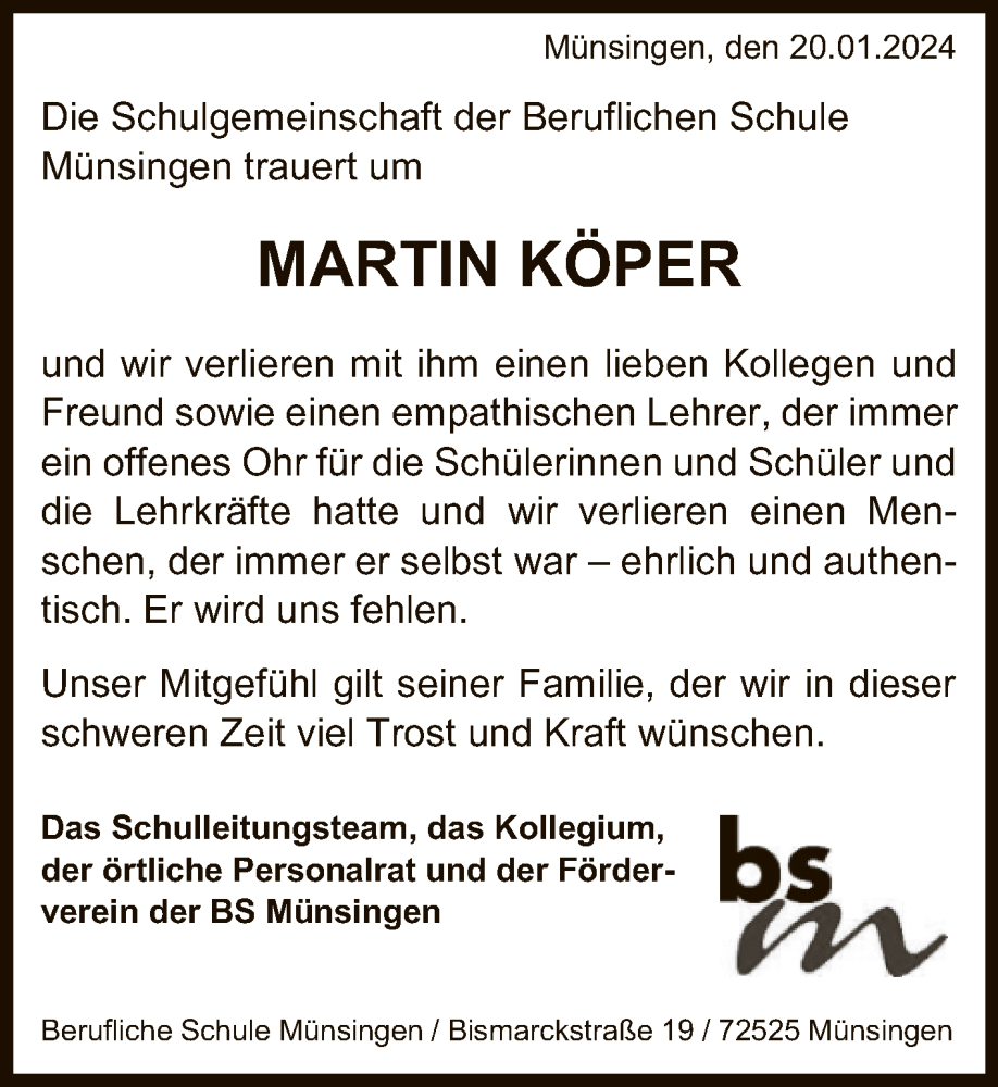  Traueranzeige für Martin Köper vom 27.01.2024 aus Reutlinger General-Anzeiger