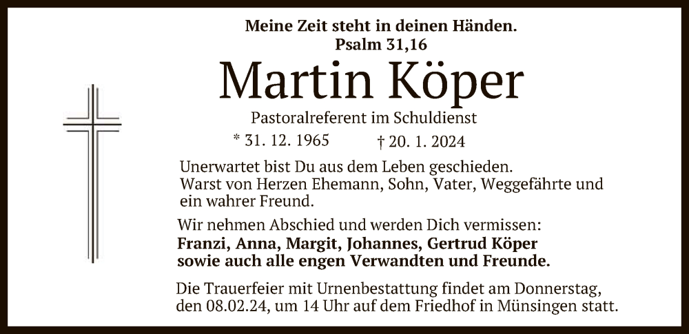  Traueranzeige für Martin Köper vom 27.01.2024 aus Reutlinger General-Anzeiger