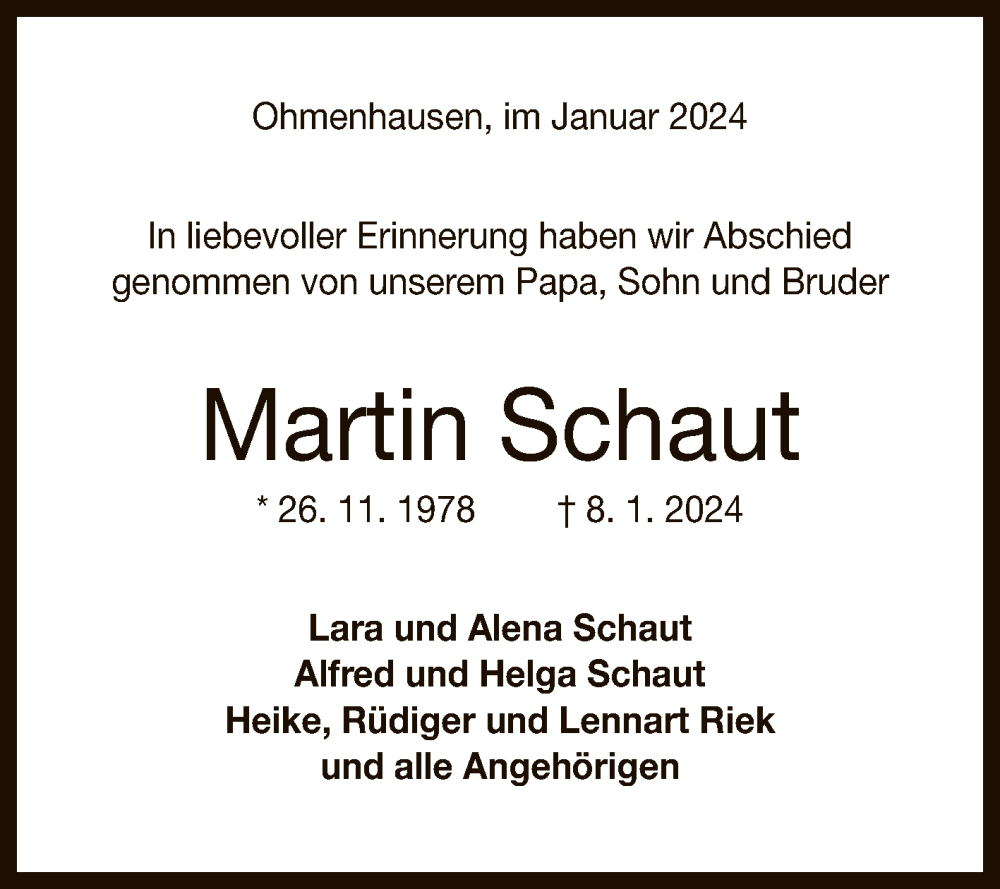  Traueranzeige für Martin Schaut vom 19.01.2024 aus Reutlinger General-Anzeiger