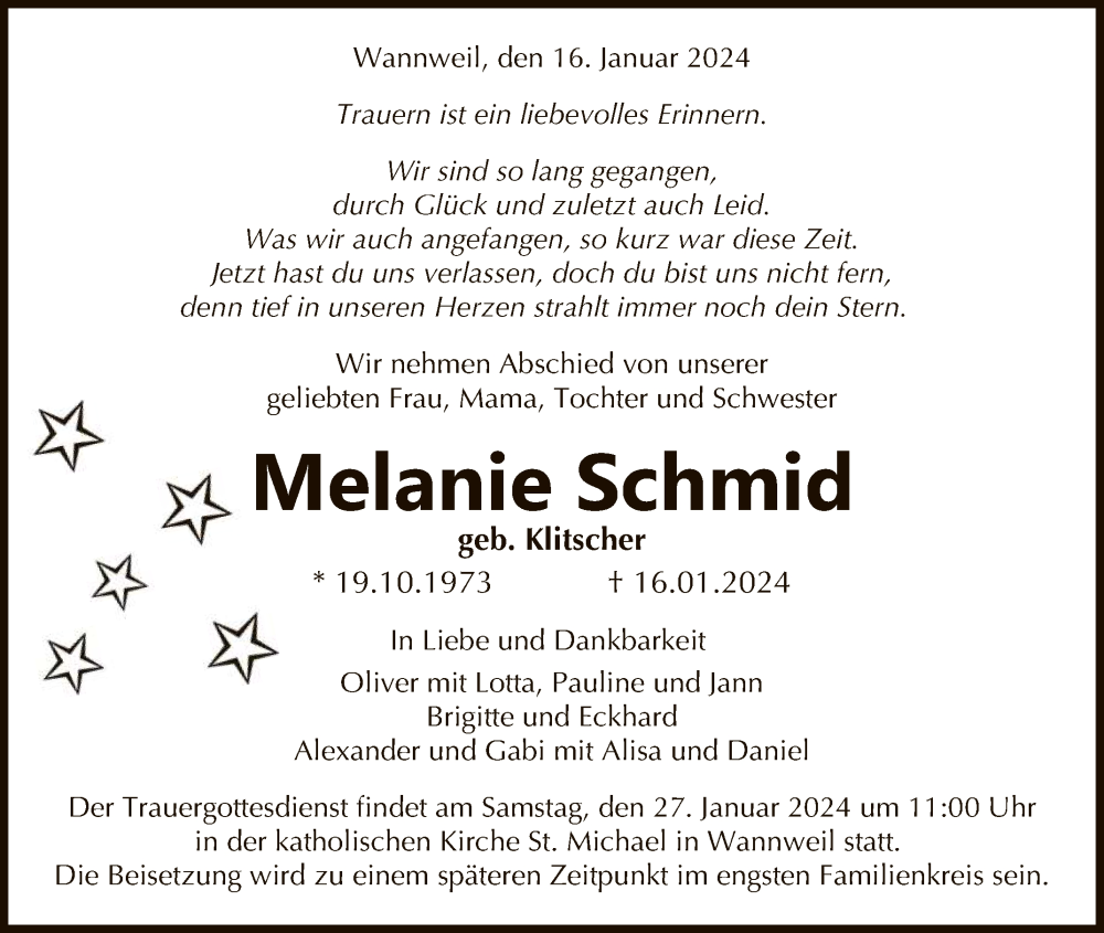  Traueranzeige für Melanie Schmid vom 20.01.2024 aus Reutlinger General-Anzeiger