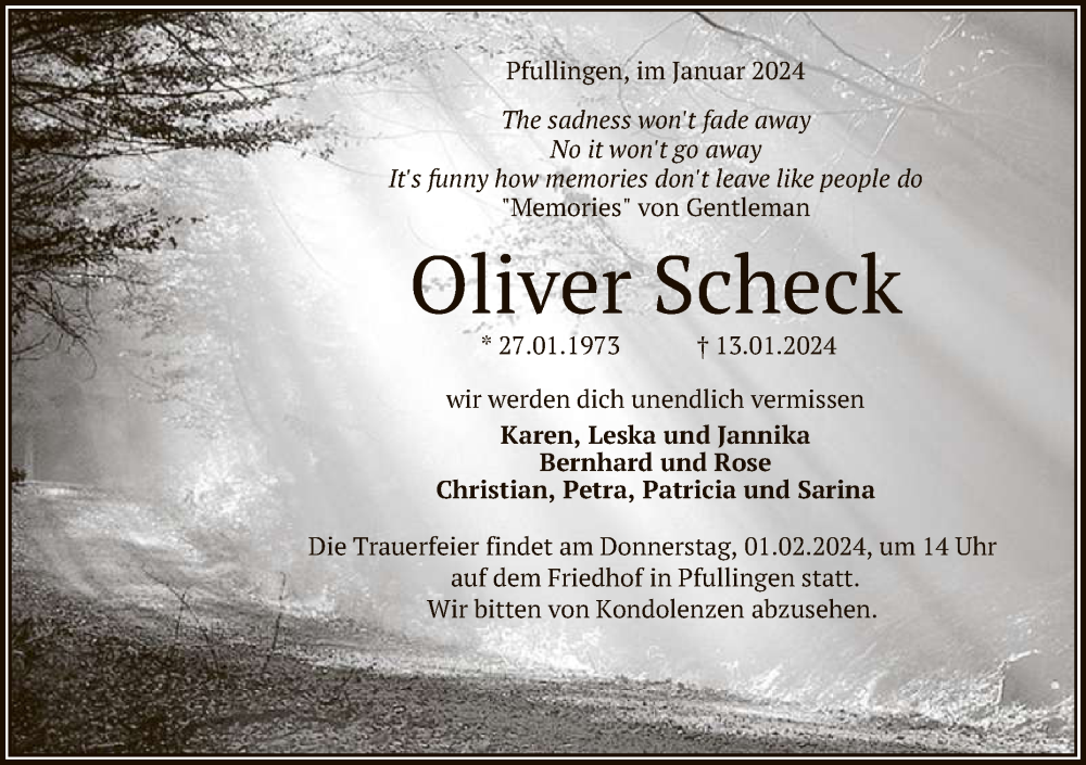  Traueranzeige für Oliver Scheck vom 25.01.2024 aus Reutlinger General-Anzeiger