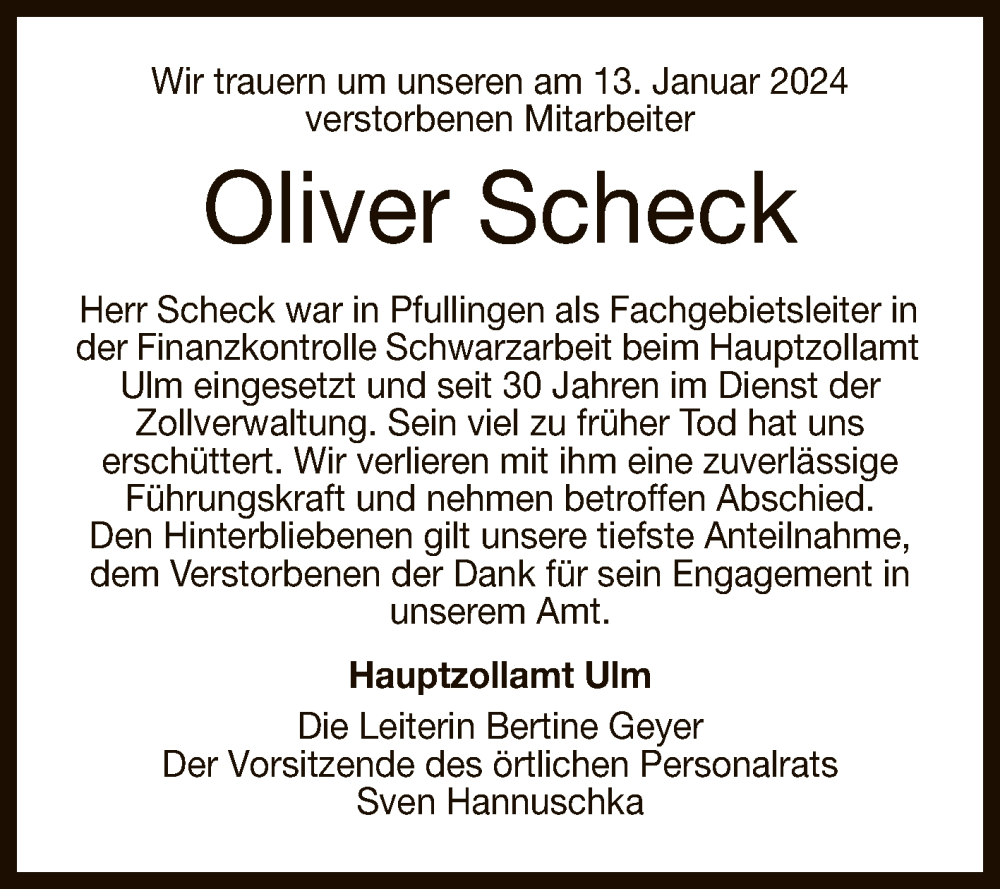  Traueranzeige für Oliver Scheck vom 29.01.2024 aus Reutlinger General-Anzeiger