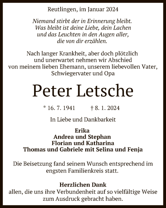Anzeige von Peter Letsche von Reutlinger General-Anzeiger
