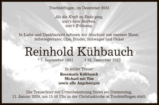 Anzeige von Reinhold Kühbauch von Reutlinger General-Anzeiger