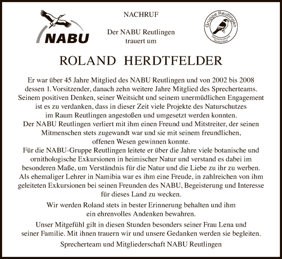 Anzeige von Roland Herdtfelder von Reutlinger General-Anzeiger