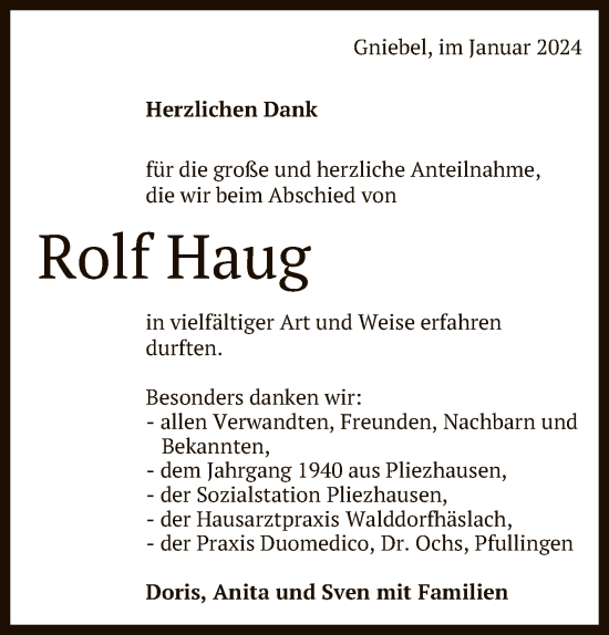 Anzeige von Rolf Haug von Reutlinger General-Anzeiger