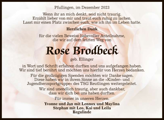 Anzeige von Rose Brodbeck von Reutlinger General-Anzeiger