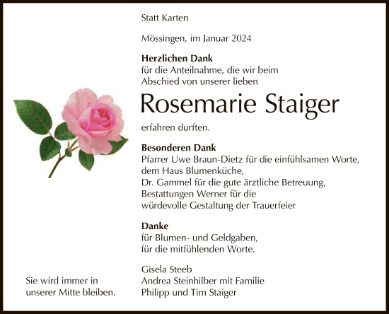 Anzeige von Rosemarie Staiger von Reutlinger General-Anzeiger