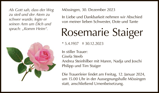 Anzeige von Rosemarie Staiger von Reutlinger General-Anzeiger