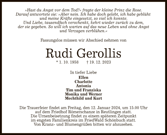 Anzeige von Rudi Gerollis von Reutlinger General-Anzeiger