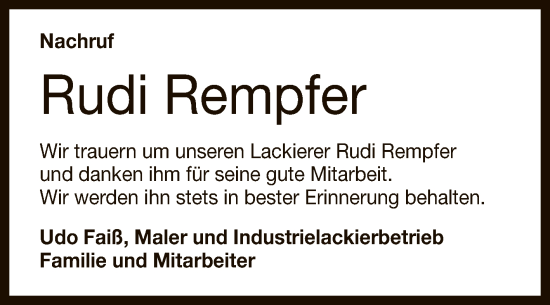 Anzeige von Rudi Rempfer von Reutlinger General-Anzeiger
