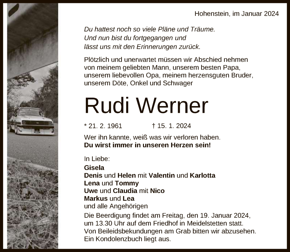  Traueranzeige für Rudi Werner vom 18.01.2024 aus Reutlinger General-Anzeiger