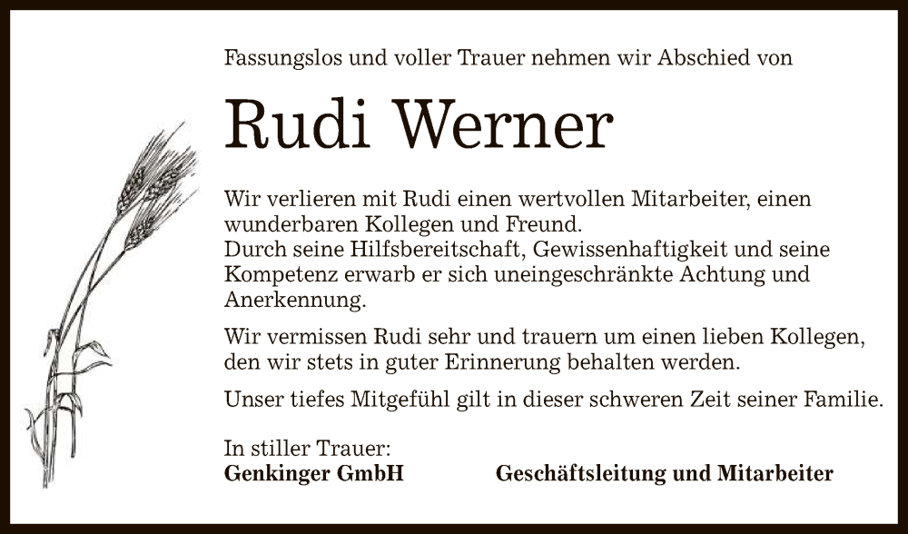  Traueranzeige für Rudi Werner vom 18.01.2024 aus Reutlinger General-Anzeiger